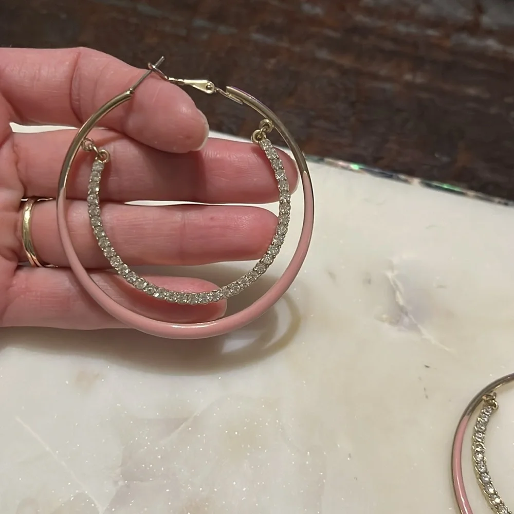 Charming Charlie Pink & Rhinestone big hoop pierced earrings